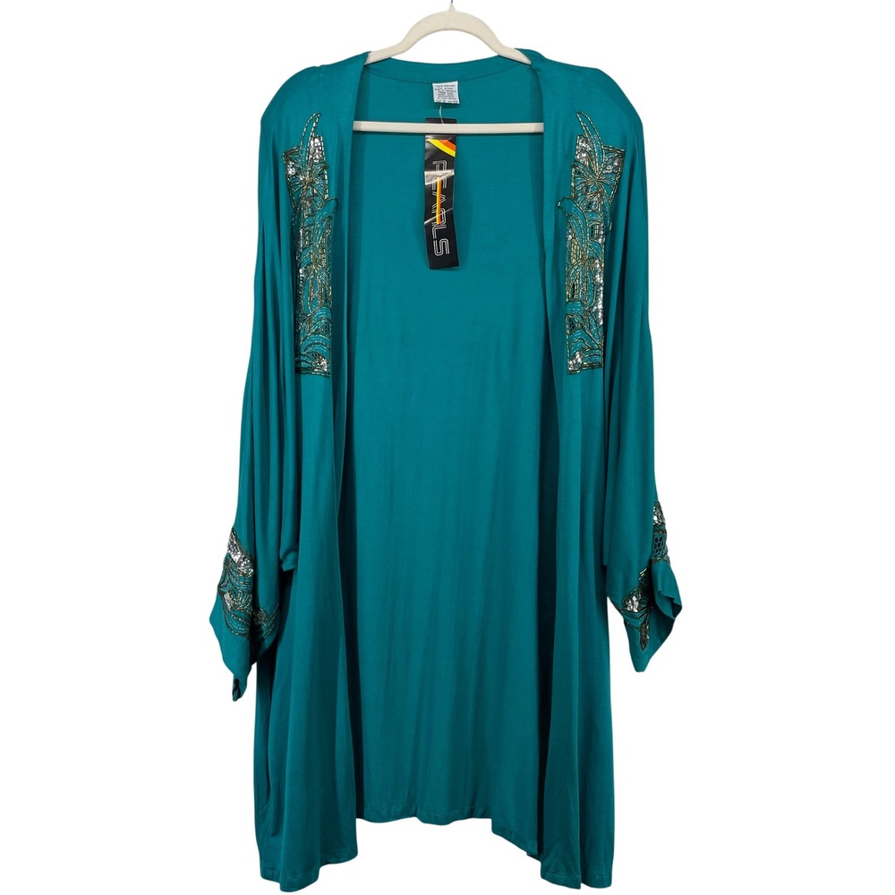 Pearls Free One Size Open Front Cardigan Teal Sequin Beaded Dolman Sleeve Women